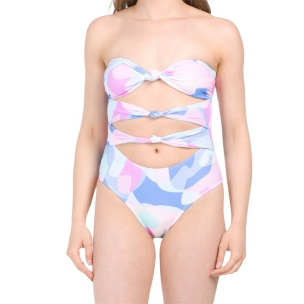 NEW Pink Blue Knotted Cut Out Removable Strap One Piece Swim Size M